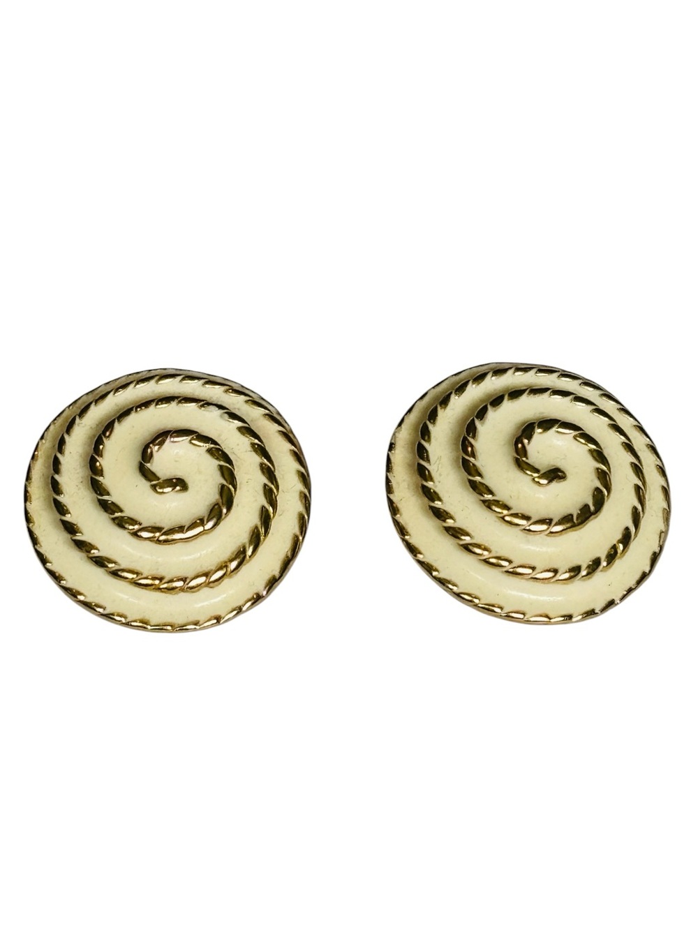 Vendome Vintage Signed 60s Cream Enamel Swirl Gold Toned Clip On Earrings MCM